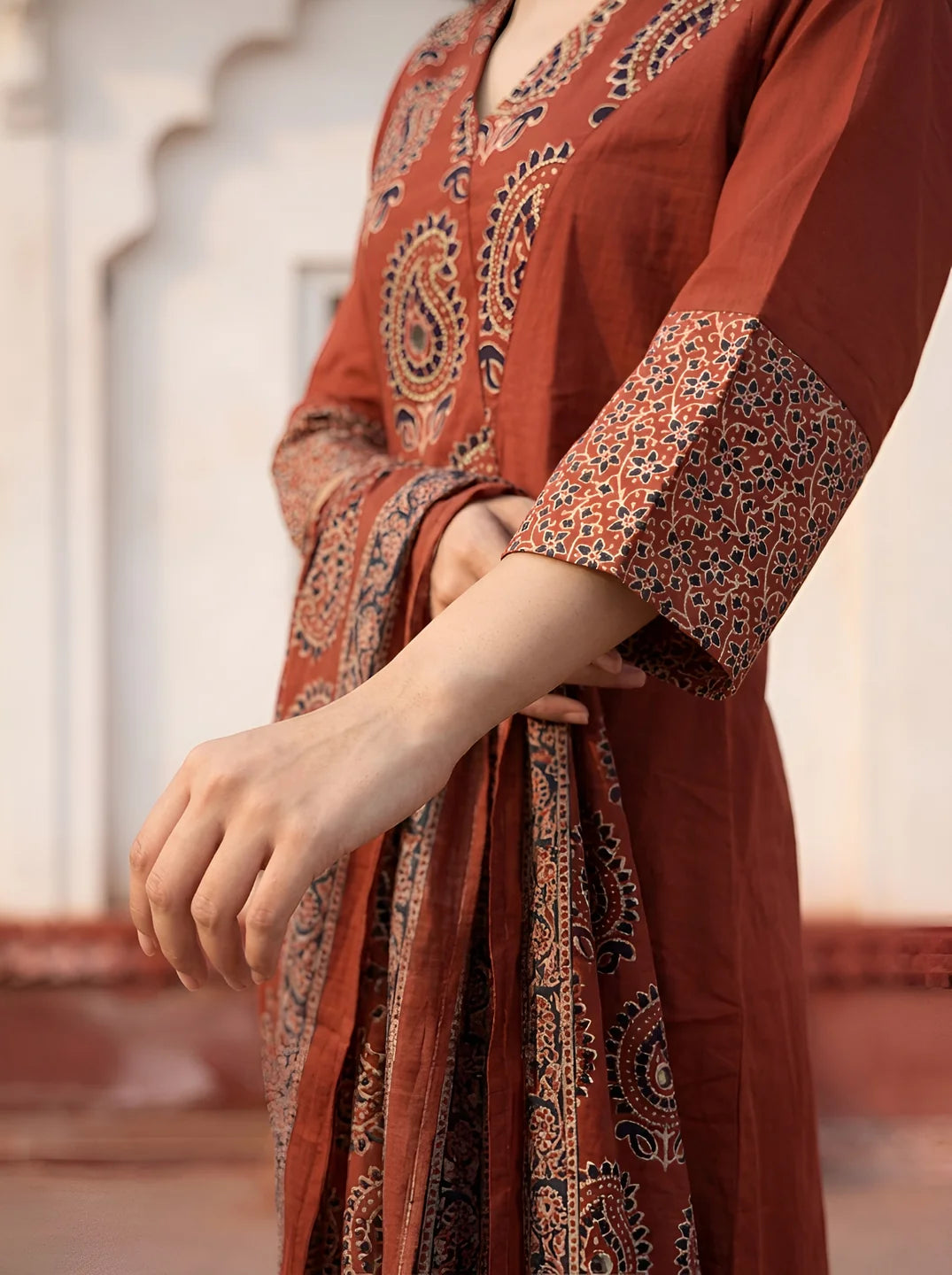 Brick Red Embroidered Kurta Set with Printed Dupatta in Cotton