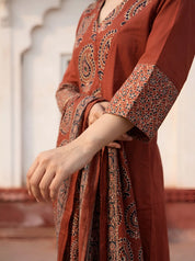 Brick Red Embroidered Kurta Set with Printed Dupatta in Cotton