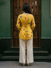Sunflower Yellow Floral Print Short Kurti in Cotton