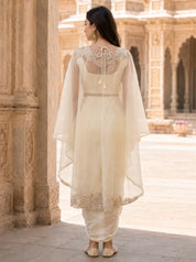 Cream 3 Pc Fusion Cape & Dhoti Skirt Set in Crepe