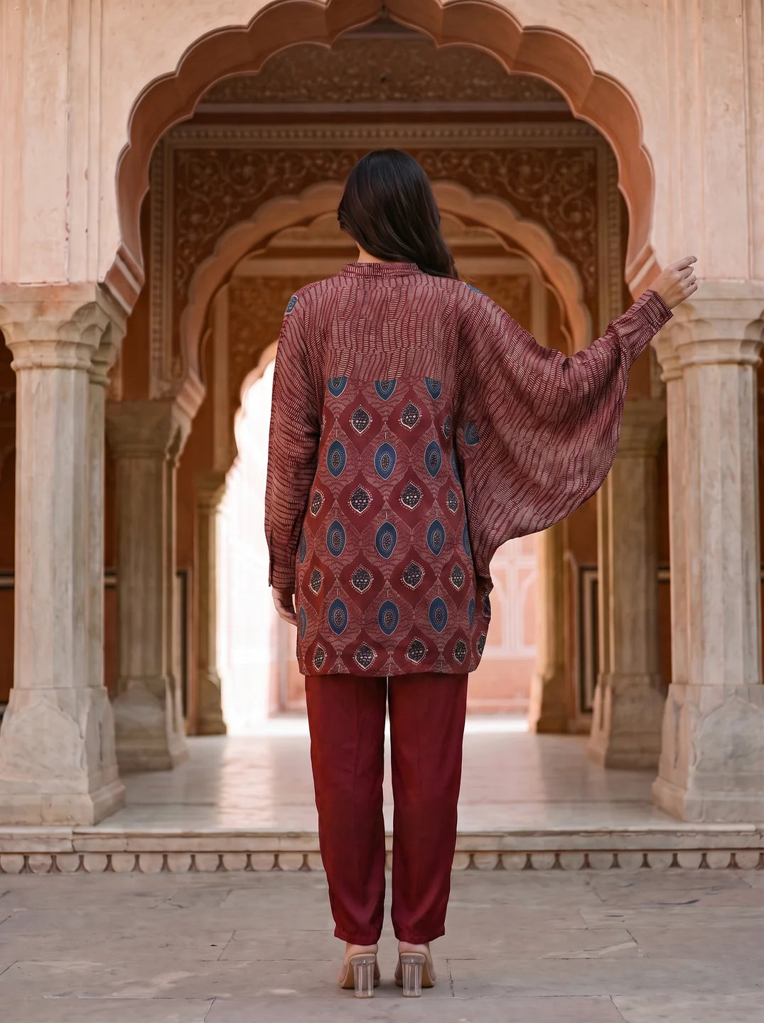Maroon Abstract Printed Anti-Fit Eagle Style Co-ord Set in Crepe