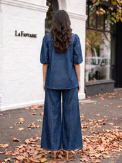 Denim Blue Cotton Denim Co-ord Set with Keyhole Neck Top & Wide Leg Pants