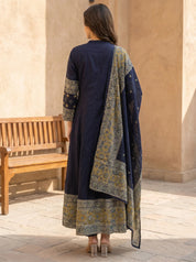 Dark Blue 3-Piece Anarkali Set with Printed Dupatta