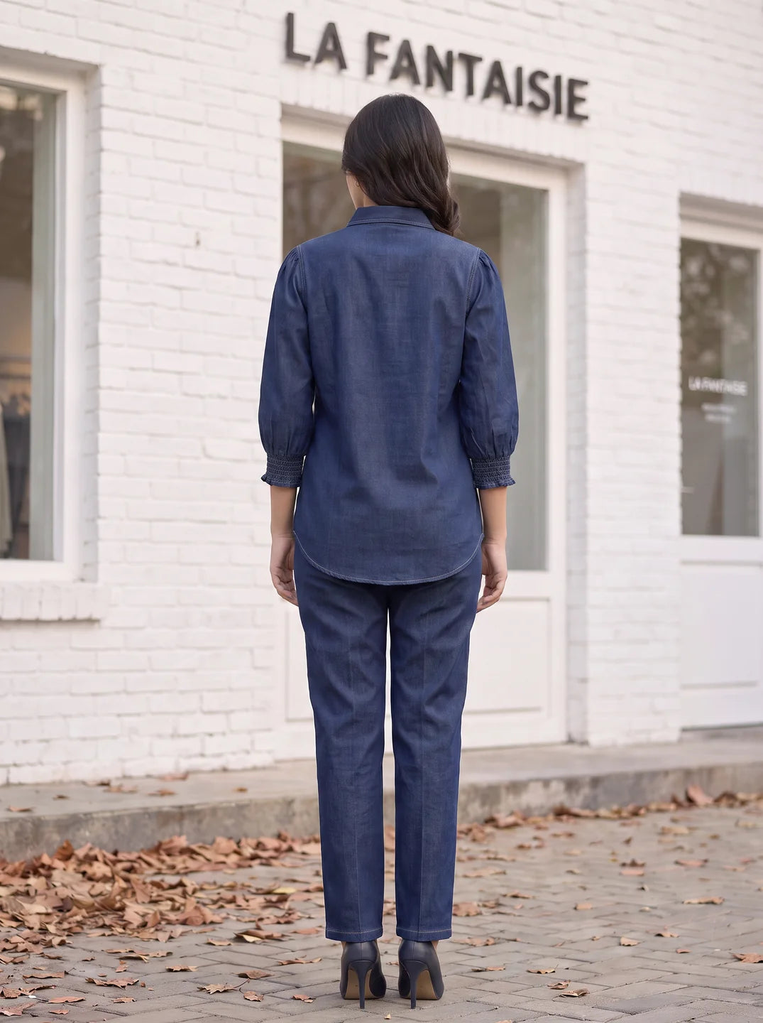 Dark Blue Cotton Denim Shirt Co-ord Set with Elasticated Sleeves & Drawstring Pants