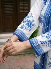 White & Blue Floral Border Print Muslin Co-Ord Set
