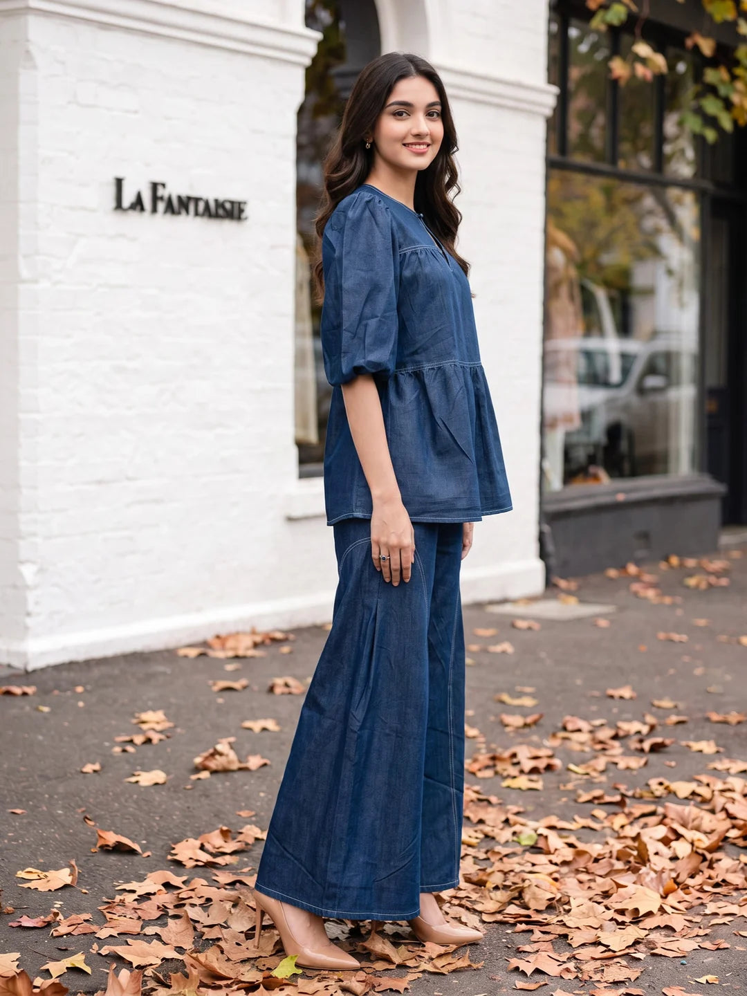 Denim Blue Cotton Denim Co-ord Set with Keyhole Neck Top & Wide Leg Pants