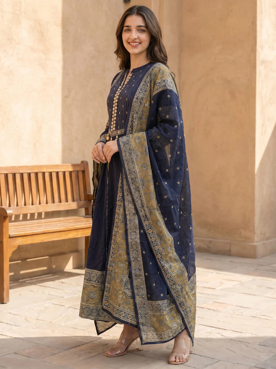 Dark Blue 3-Piece Anarkali Set with Printed Dupatta