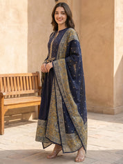 Dark Blue 3-Piece Anarkali Set with Printed Dupatta