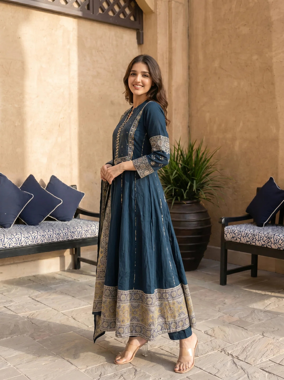 Dark Cyan Mirror Embroidered 3 Pc Anarkali Set with Printed Cotton Dupatta