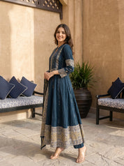 Dark Cyan Mirror Embroidered 3 Pc Anarkali Set with Printed Cotton Dupatta