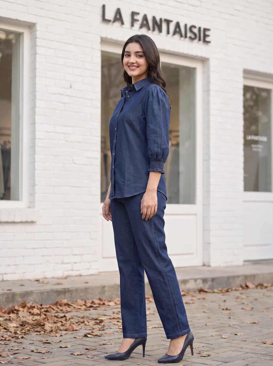 Dark Blue Cotton Denim Shirt Co-ord Set with Elasticated Sleeves & Drawstring Pants