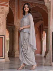 Grey 3 Pc Fusion Cape & Dhoti Skirt Set in Crepe