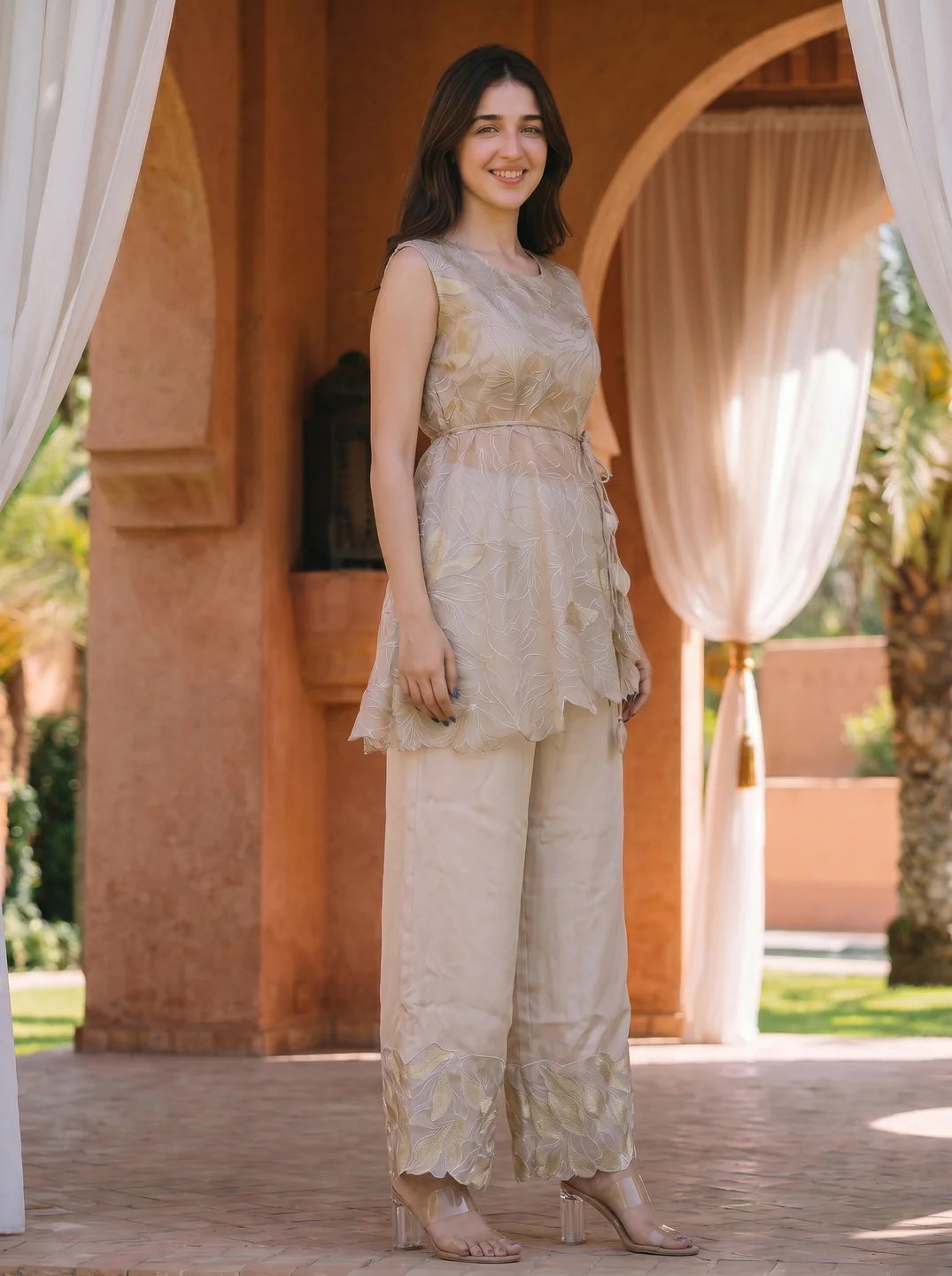 Beige Floral Embroidered 3 Pc Coord Set in Tissue