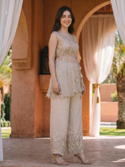 Beige Floral Embroidered 3 Pc Coord Set in Tissue