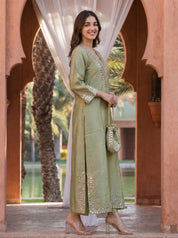 Pastel Green Mirror Work Kurta Set with Potli Bag in Tissue