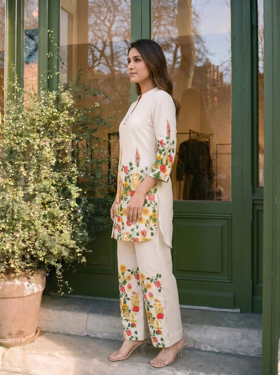 Cream Mandarin-Neck Kurta & Wide-Leg Floral Co-ord Set in Cotton Flex