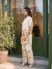 Cream Mandarin-Neck Kurta & Wide-Leg Floral Co-ord Set in Cotton Flex