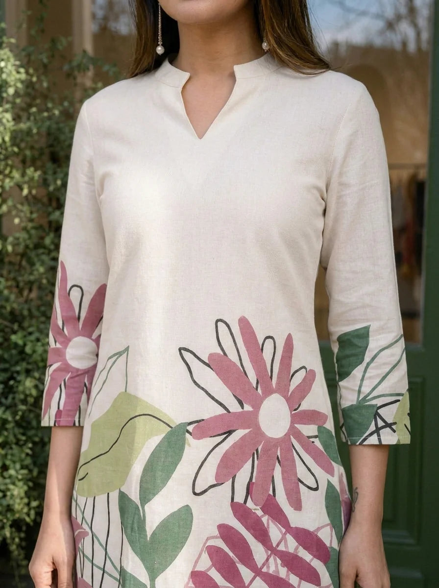 Cream Botanical Leaf Kurta & Wide-Leg Co-ord Set in Cotton Flex