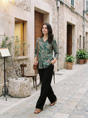 Dark Green Abstract Floral Notch Collar Russian Silk Tunic