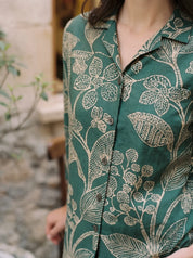Dark Green Abstract Floral Notch Collar Russian Silk Tunic