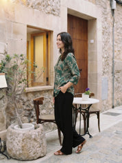 Dark Green Abstract Floral Notch Collar Russian Silk Tunic