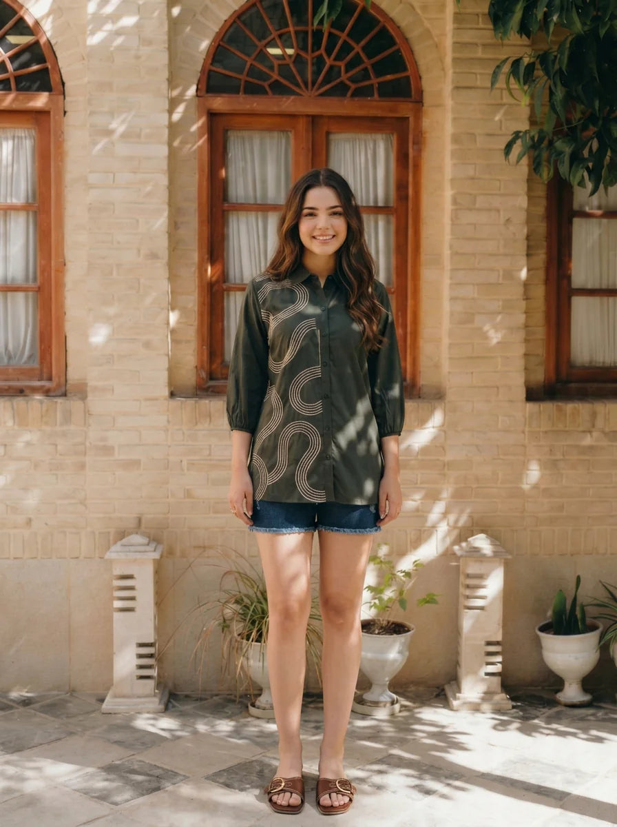 Olive Green Cotton Poplin Shirt with Cord Embroidery