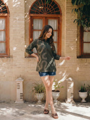 Olive Green Cotton Poplin Shirt with Cord Embroidery