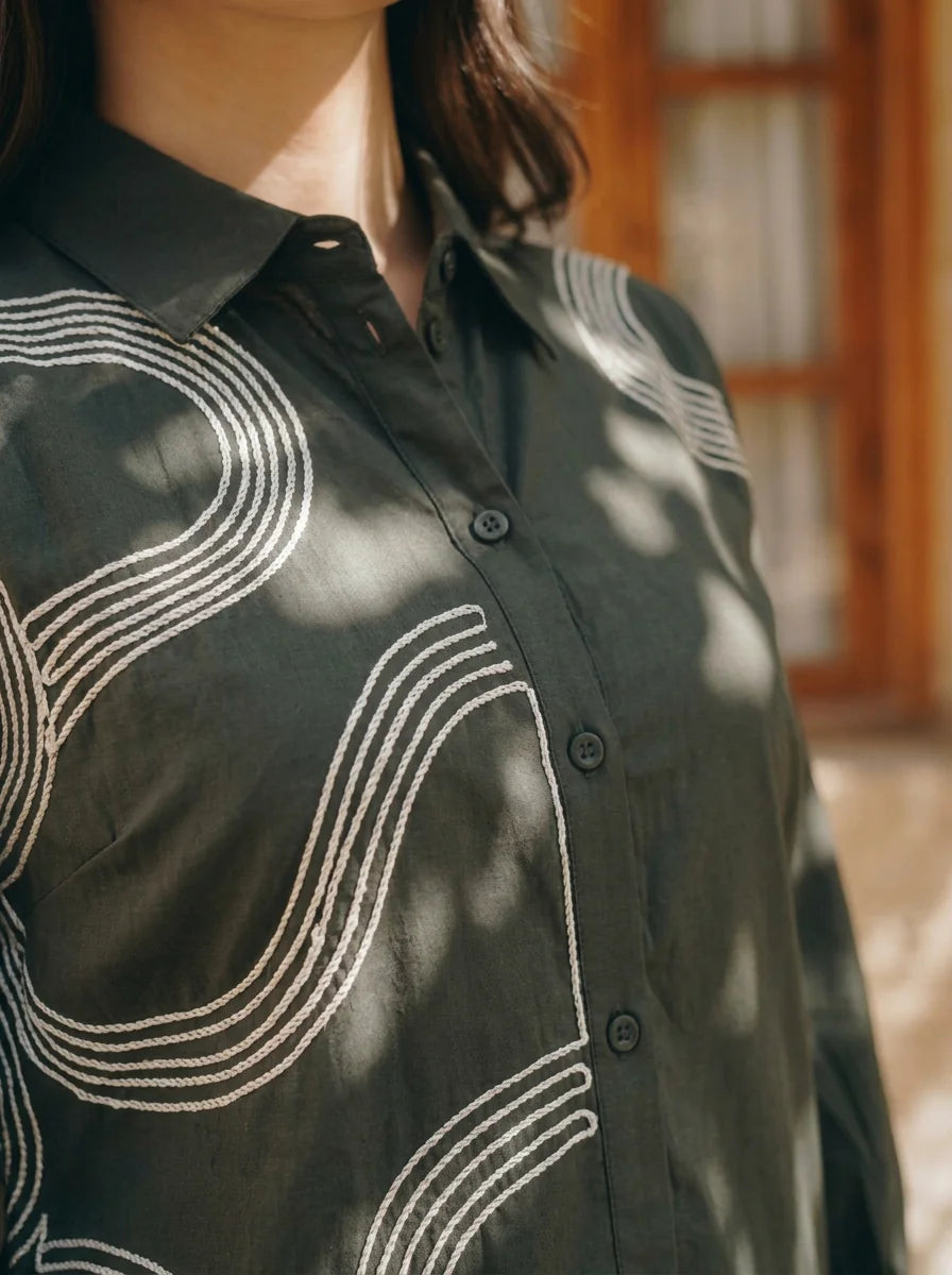 Olive Green Cotton Poplin Shirt with Cord Embroidery