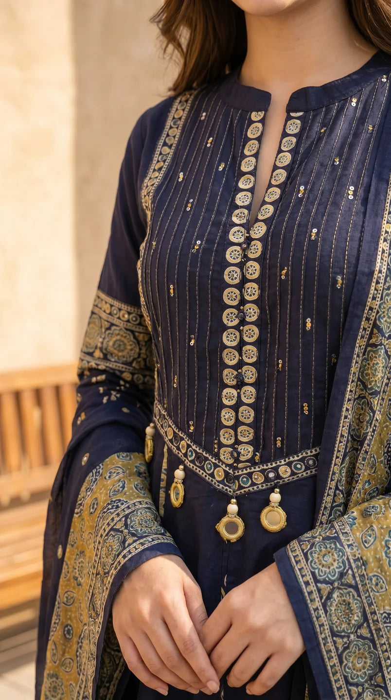 Dark Blue 3-Piece Anarkali Set with Printed Dupatta