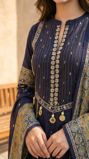 Dark Blue 3-Piece Anarkali Set with Printed Dupatta
