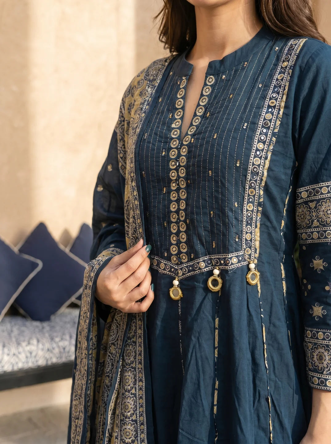 Dark Cyan Mirror Embroidered 3 Pc Anarkali Set with Printed Cotton Dupatta