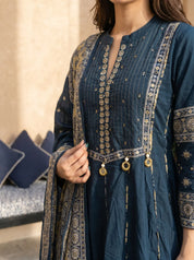 Dark Cyan Mirror Embroidered 3 Pc Anarkali Set with Printed Cotton Dupatta