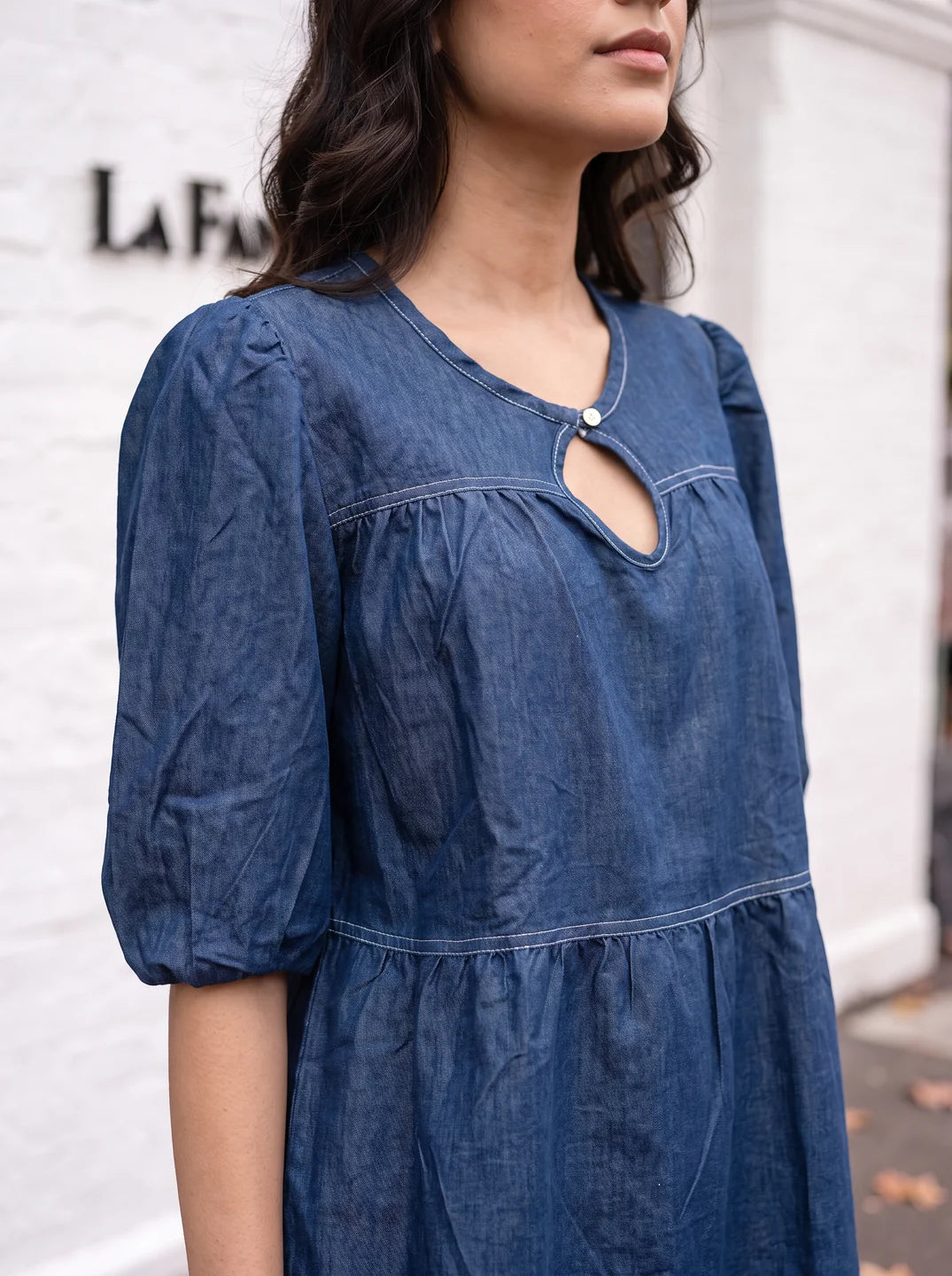 Denim Blue Cotton Denim Co-ord Set with Keyhole Neck Top & Wide Leg Pants