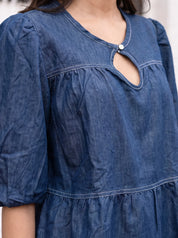 Denim Blue Cotton Denim Co-ord Set with Keyhole Neck Top & Wide Leg Pants