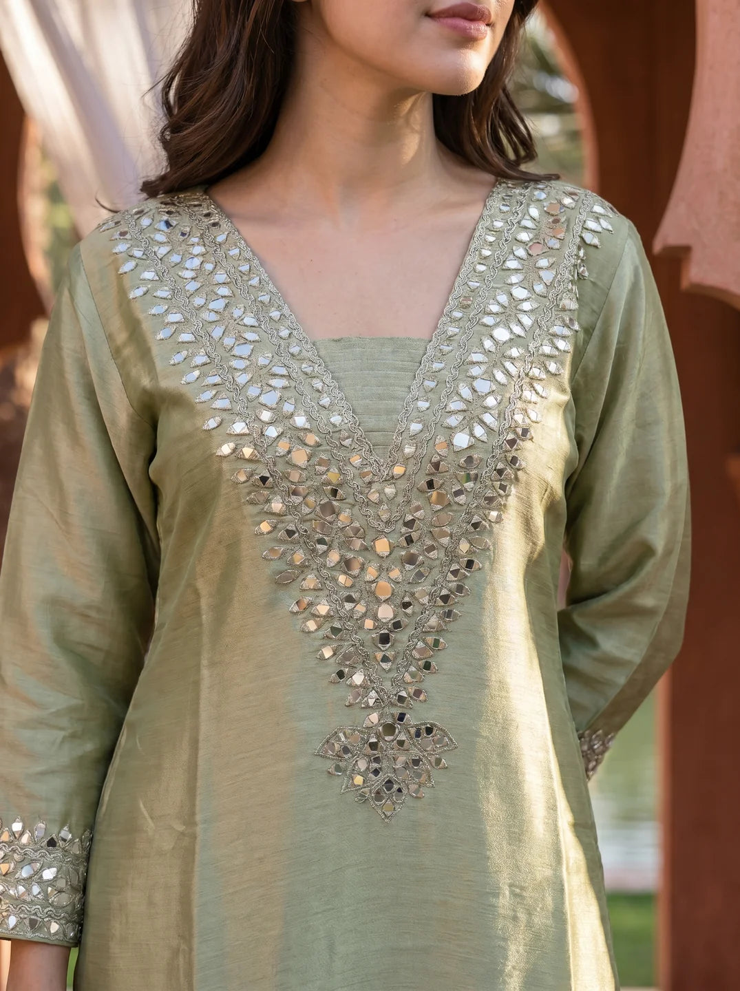Pastel Green Mirror Work Kurta Set with Potli Bag in Tissue