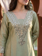 Pastel Green Mirror Work Kurta Set with Potli Bag in Tissue