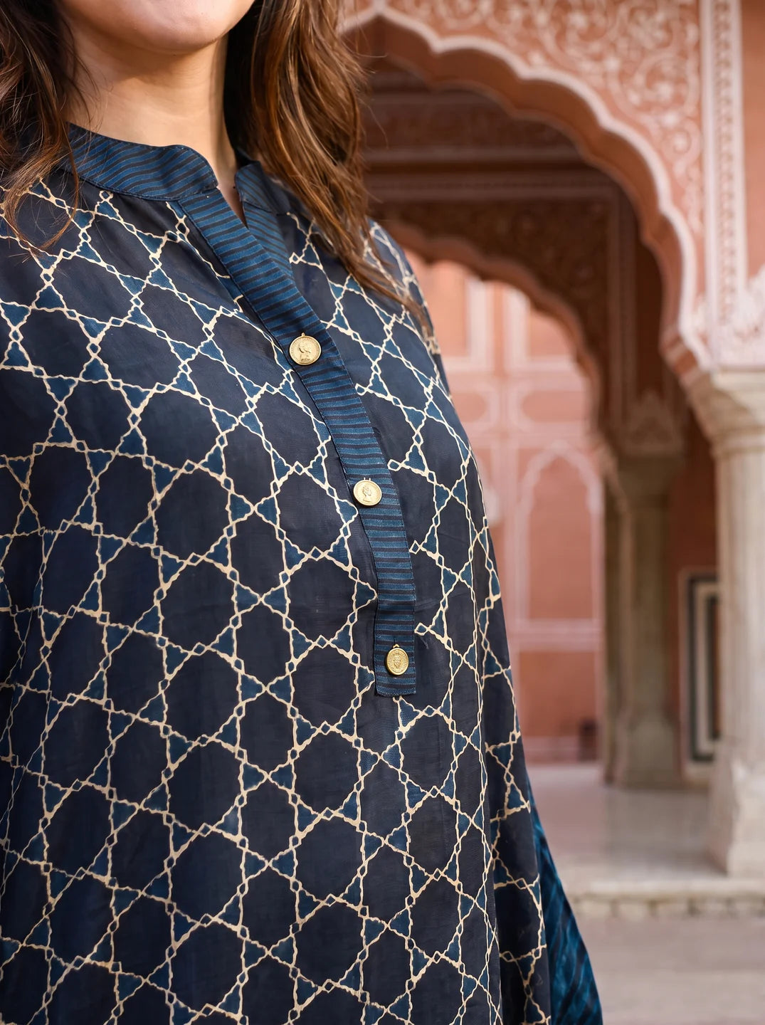 Navy Blue & Black Geometric Printed Anti-Fit Eagle Style Co-ord Set in Crepe