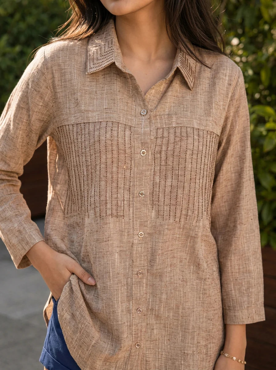 Beige Cotton-Khadi Shirt with Falling Geometric Rhinestone Work