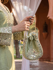 Pastel Green Mirror Work Kurta Set with Potli Bag in Tissue