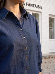 Dark Blue Cotton Denim Shirt Co-ord Set with Elasticated Sleeves & Drawstring Pants