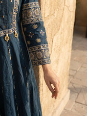 Dark Cyan Mirror Embroidered 3 Pc Anarkali Set with Printed Cotton Dupatta
