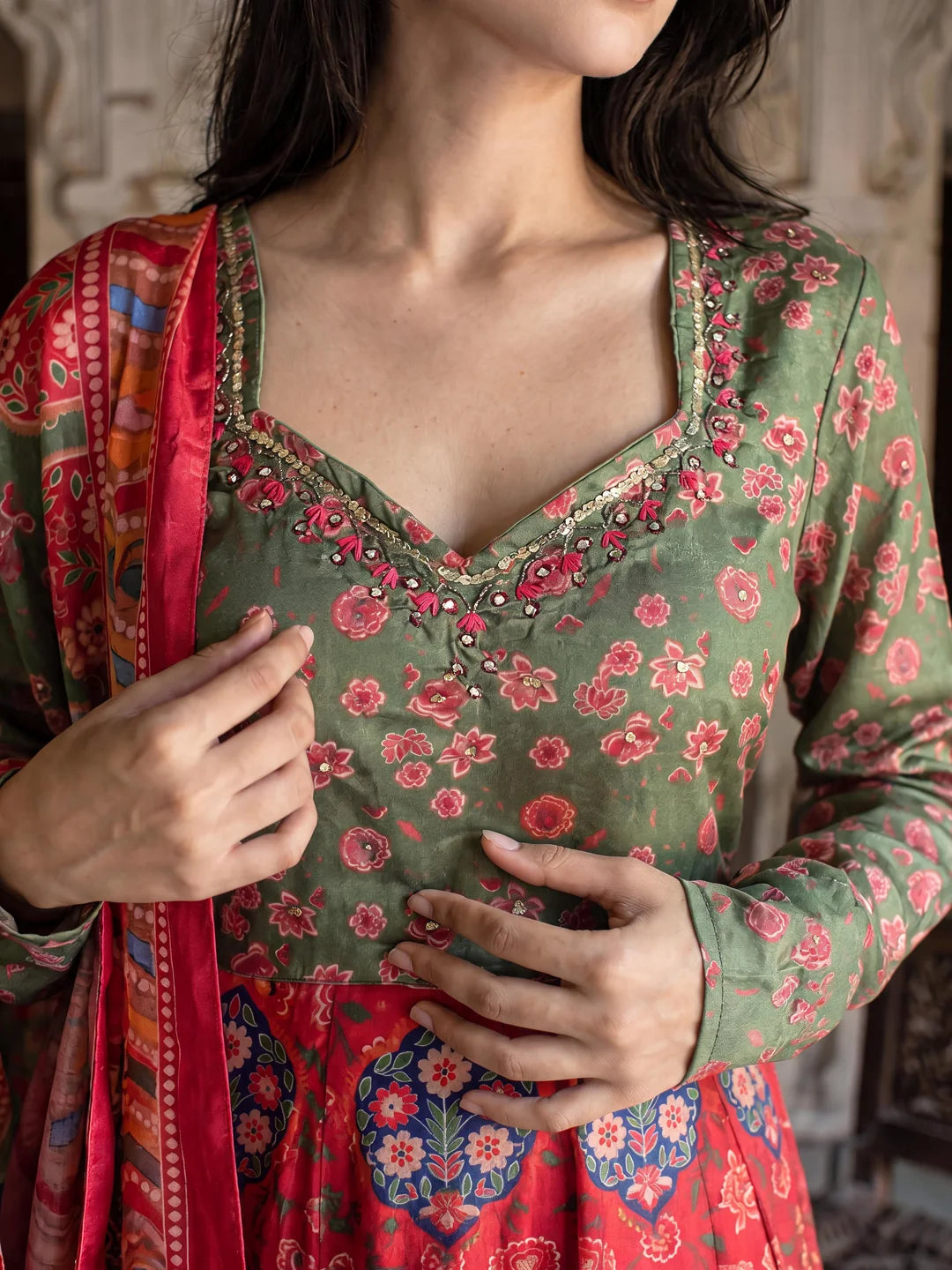 Multicolor Anarkali Kurta Set with Silk Dupatta