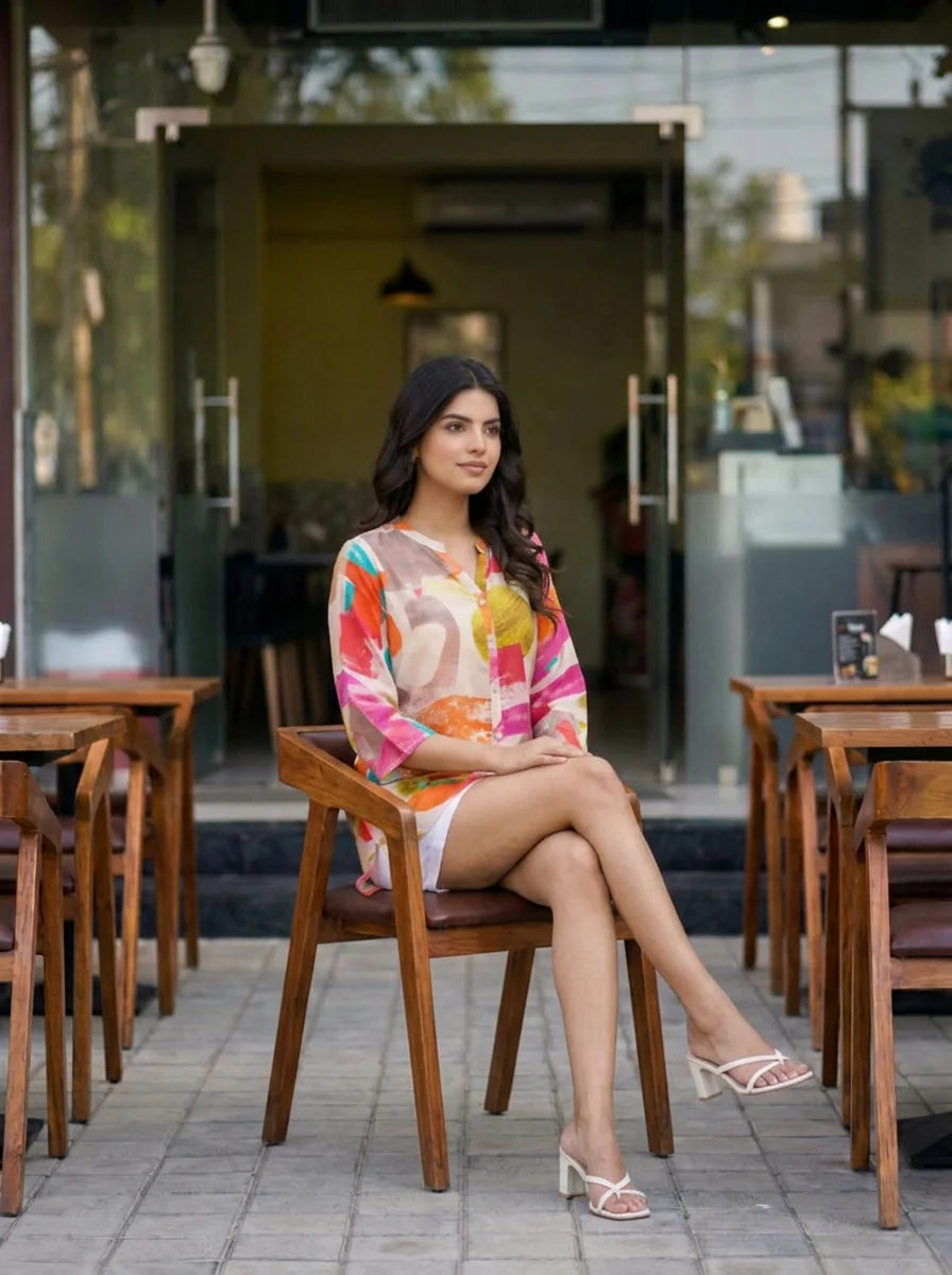 Multicolor Geometric Crepe Short Kurti