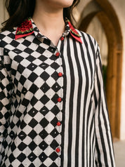 Partial Stripes and Chess Black & White Muslin Co-Ord Set