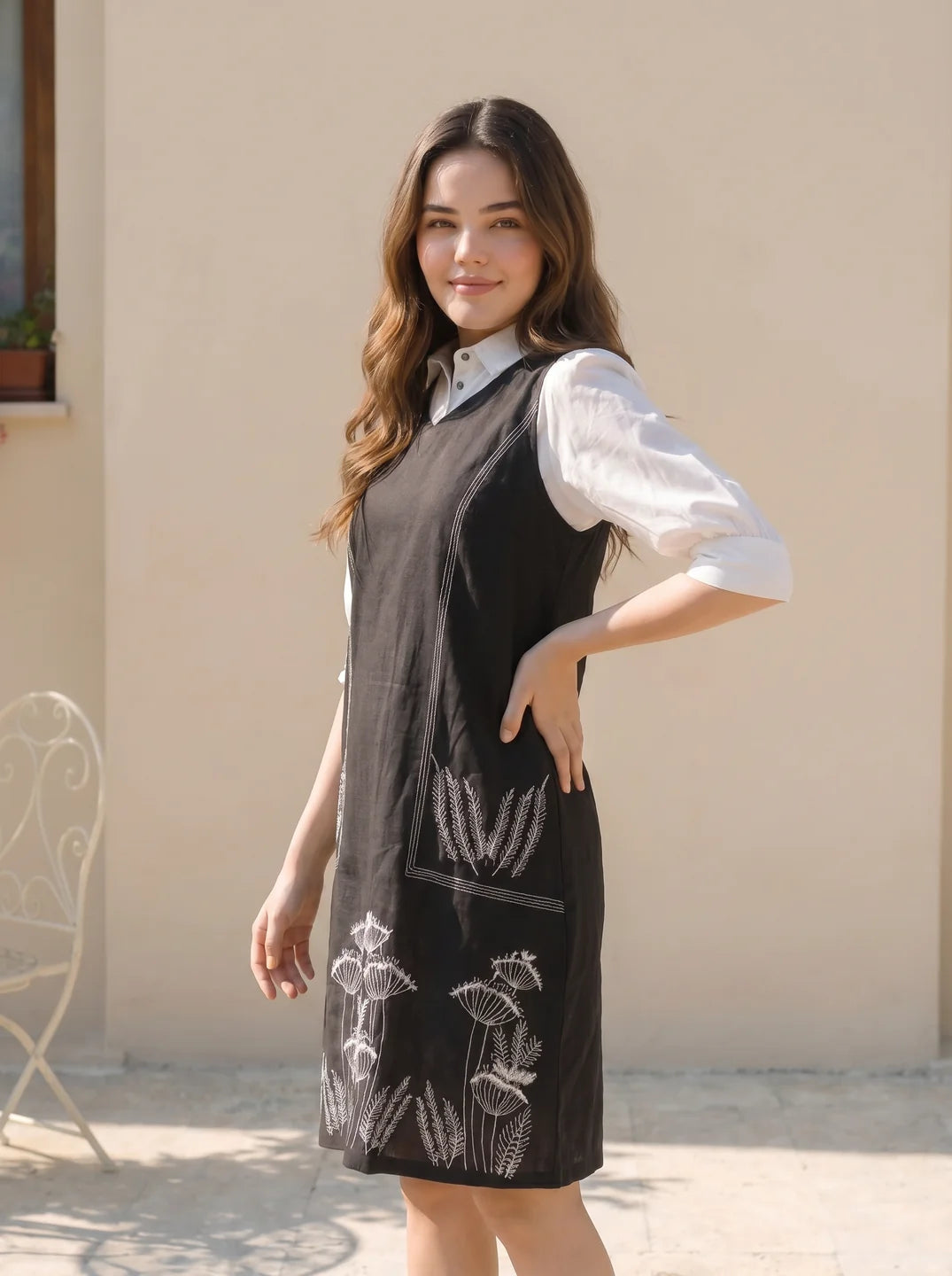Black  Cotton Flex Embroidered Mini Shirt Dress