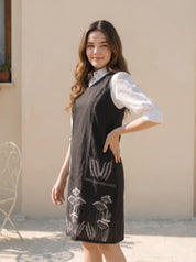 Black  Cotton Flex Embroidered Mini Shirt Dress