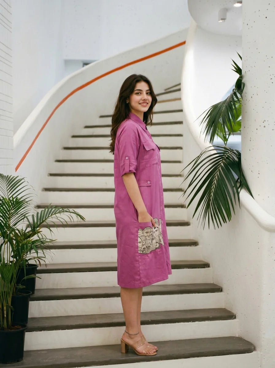 Purple Cotton Satin Patch Detailed Print Mini Dress