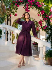 Purple Embroidered Cotton Flared Dress