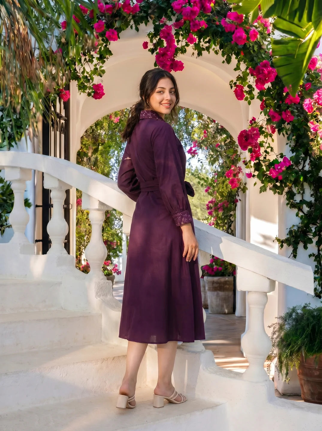 Purple Embroidered Cotton Flared Dress