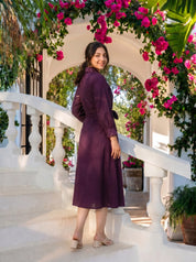 Purple Embroidered Cotton Flared Dress